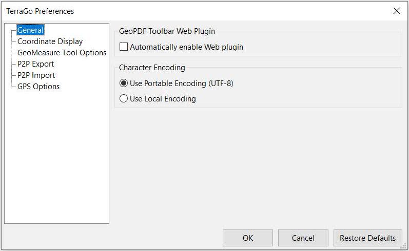 The TerraGo Preferences General pane.