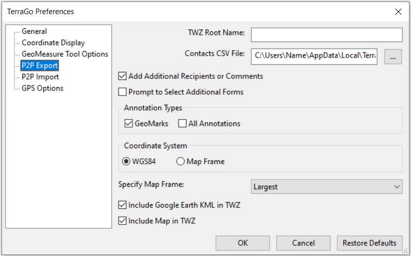 The Peer-to-Peer Export Preferences pane.