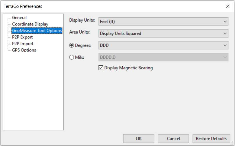 The GeoMeasure Tool Options box