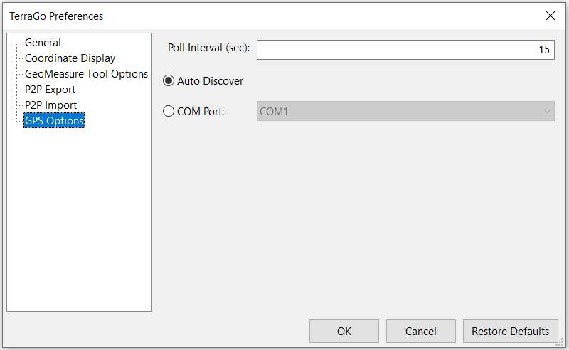 The GPS Options pane in TerraGo Preferenes.