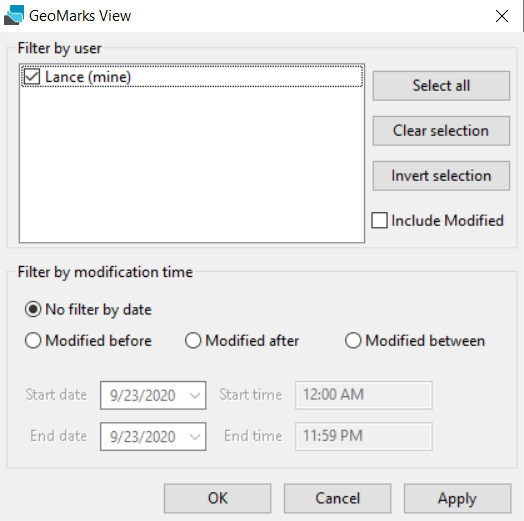 The GeoMarks View Filter box.