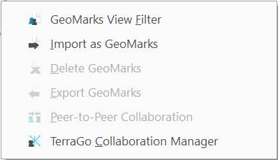The GeoMark Collaboration menu with the following menu items--GeoMarks View Filter, Import as GeoMarks, Delete GeoMarks, Export GeoMarks, Peer-to-Peer Collaboration, and TerraGo Collaboration Manager.
