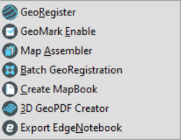 The Composer Toolbar menu, with the following 7 menu items--GeoRegister, GeoMark Enable, Map Assembler, Batch GeoRegistration, Create MapBook, 3D GeoPDF Creator, and Export EdgeNotebook