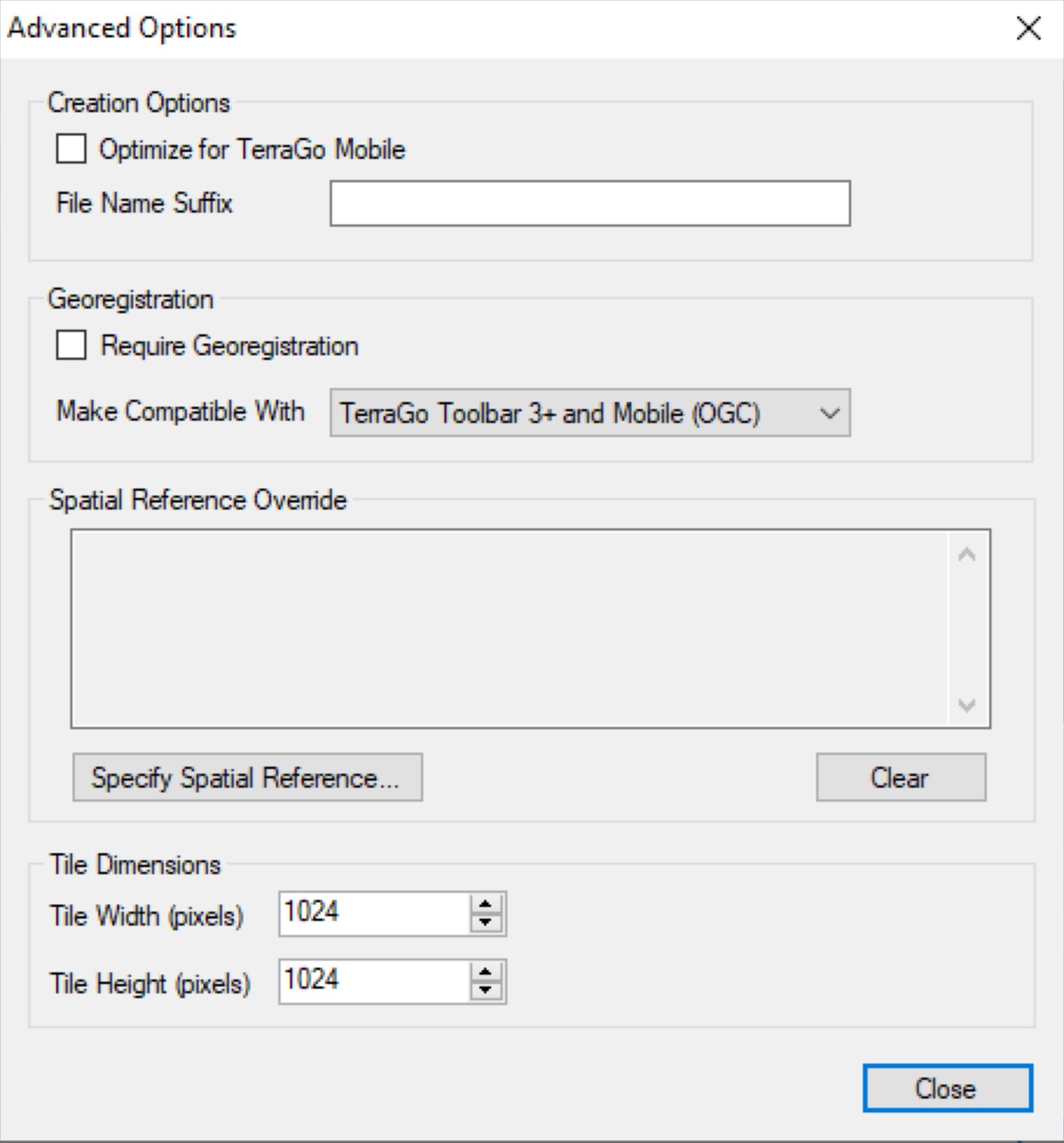 The Advanced Options window.