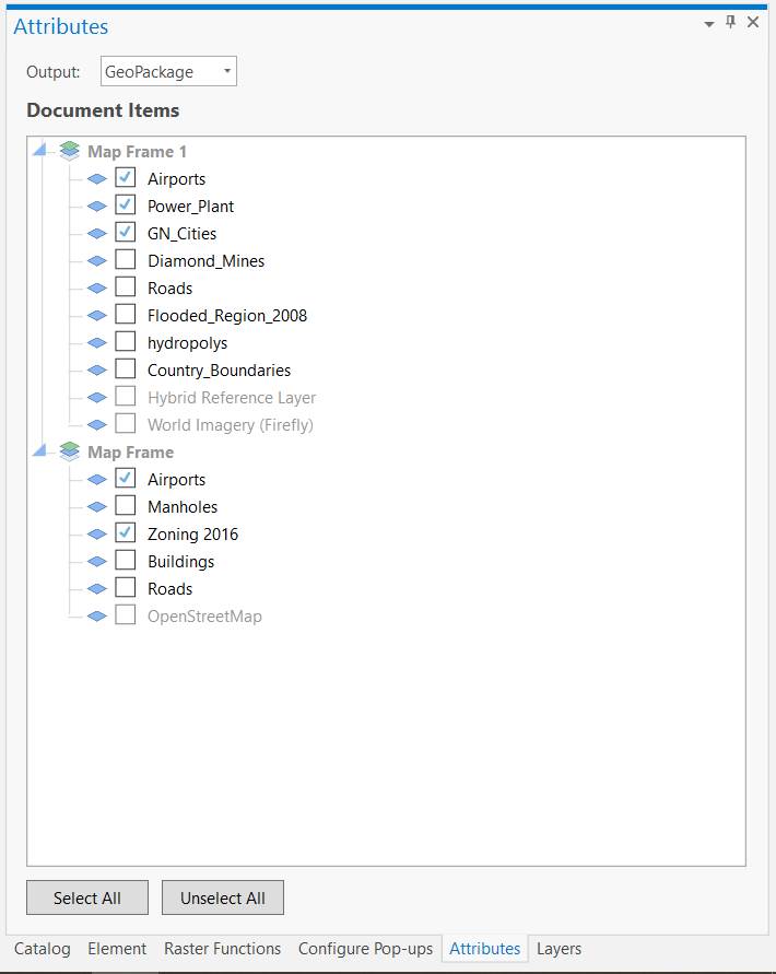 The GeoPDF Configuration window with the Attributes tab active.
