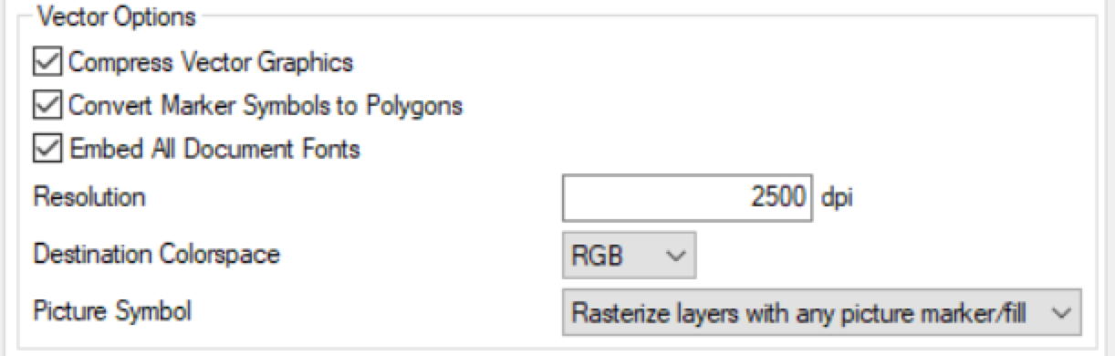 The Vector Options section of the Export dialog box