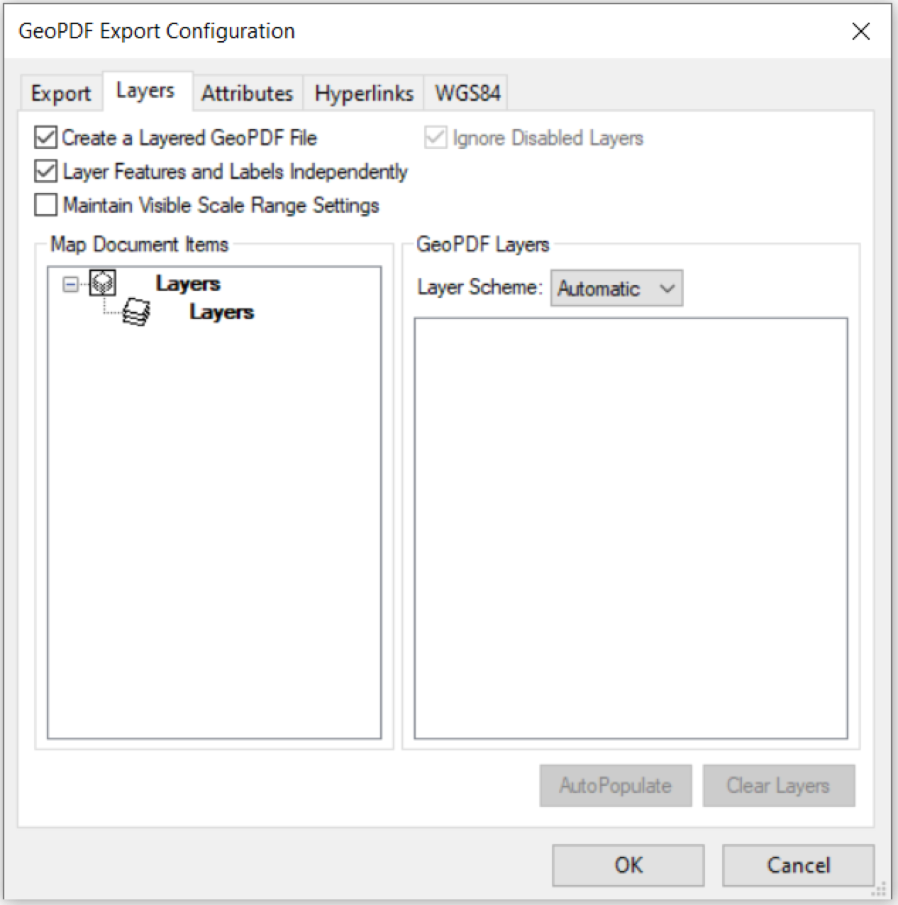 The Layers tab in the Export Configuration dialog box.