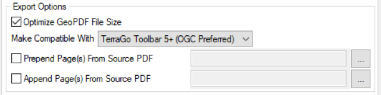 The Export Options section of the Export dialog box.