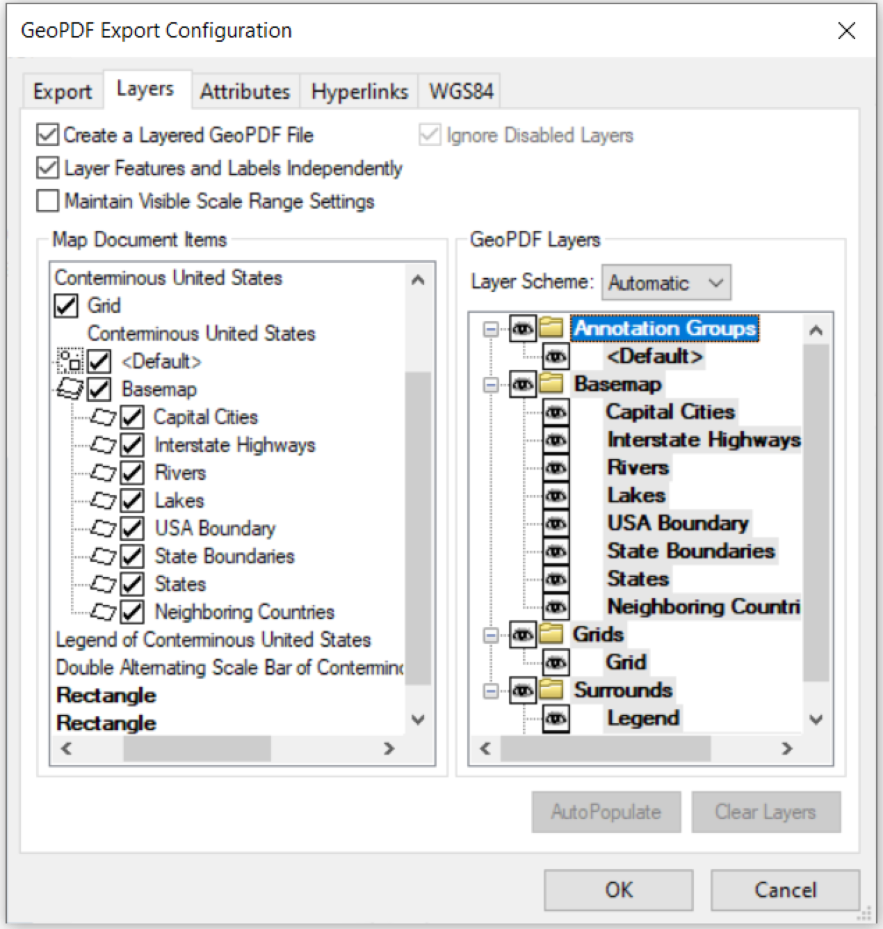 The Layers tab in the Export Configuration dialog box with the layer boxes filled.