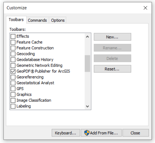 The Customize panel with GeoPDF Publisher for ArcGIS checked.